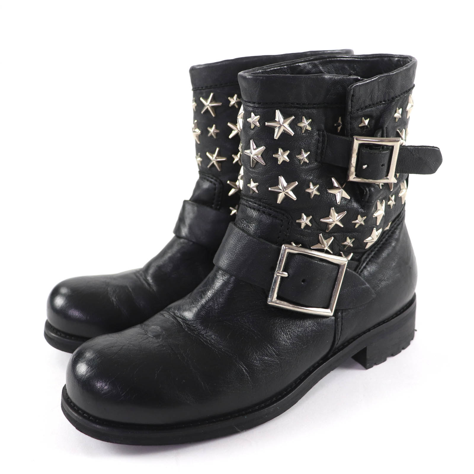 Отличные короткие ботинки JIMMY CHOO Звездная кожаная обувь инженера черная 365 Бу 15750₽