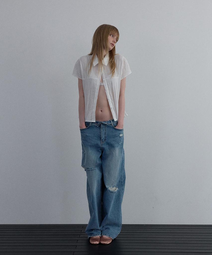 Unessin Sheer Cap Sleeve Shirt_Ivory