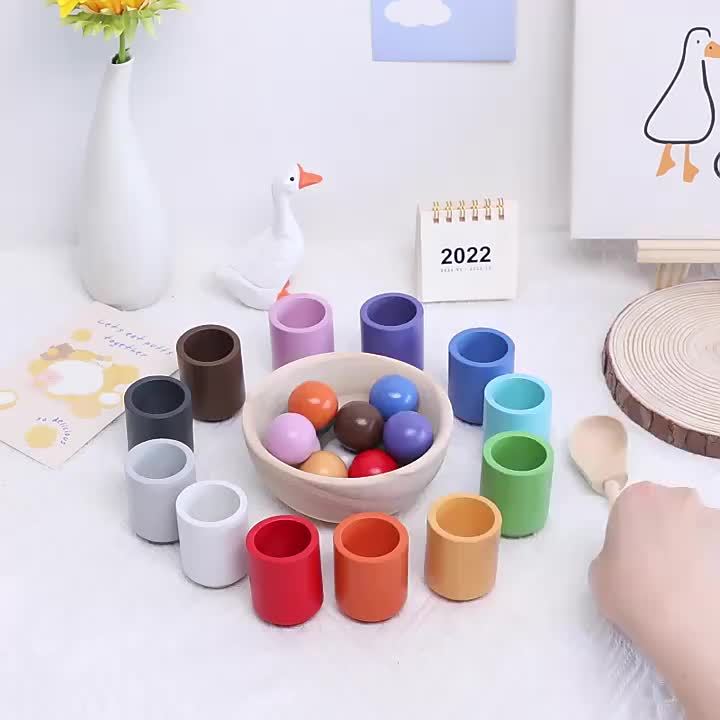 Wooden Classification Game Set, Rainbow Ball and Cup Color Classification Game, Fine Action Learning Toy, Puzzle Education Toy, Sensory Toy