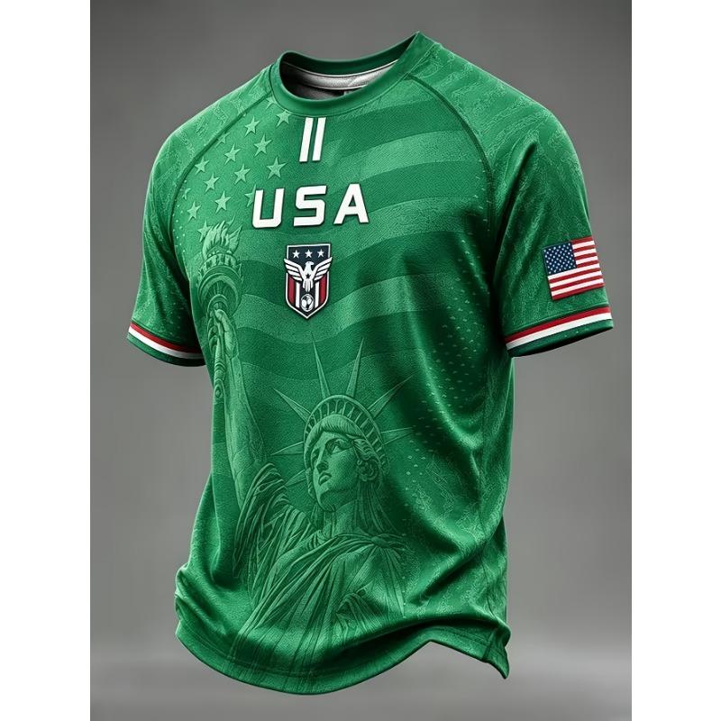 USA Football Jersey Statue of Liberty Print US Flag Eagle Badge Short Sleeve T-Shirt American National Soccer Fan Sports Tops