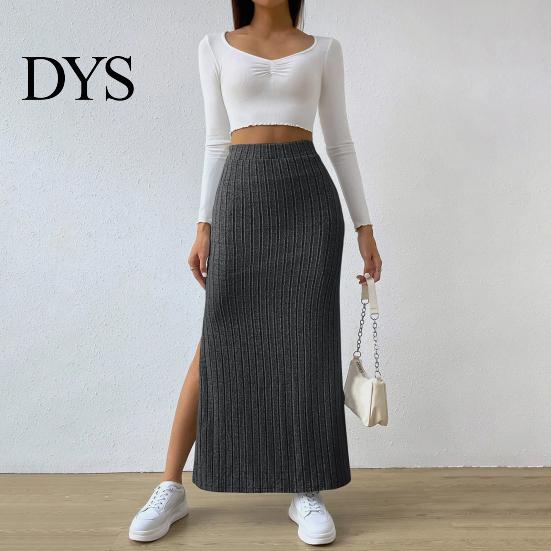 Casual Maxi Skirt with Side Slits High-Waisted Ribbed Long Flattering High-waisted Polyester Spandex Solid Color Hip Wrapped Autumn Winter Slimming