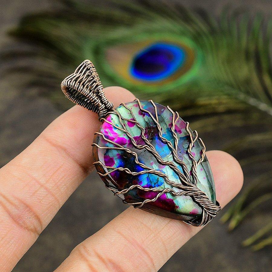 Natural Multi Labradorite Gemstone Copper Wire Wrap Gift Pendant 2.40" P5b91