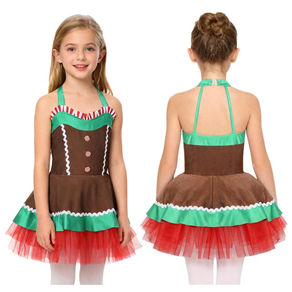 Mädchen Weihnachten Lebkuchenmann Kostüm Ärmelloses Tüllkleid Bodysuit mit offenem Rücken Feiertagsparty Verkleidung