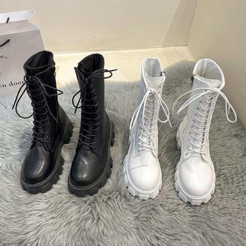 British style heightening Martin boots high top 2025 autumn small man thick-soled single boots foreign trade white medium tube women's boots