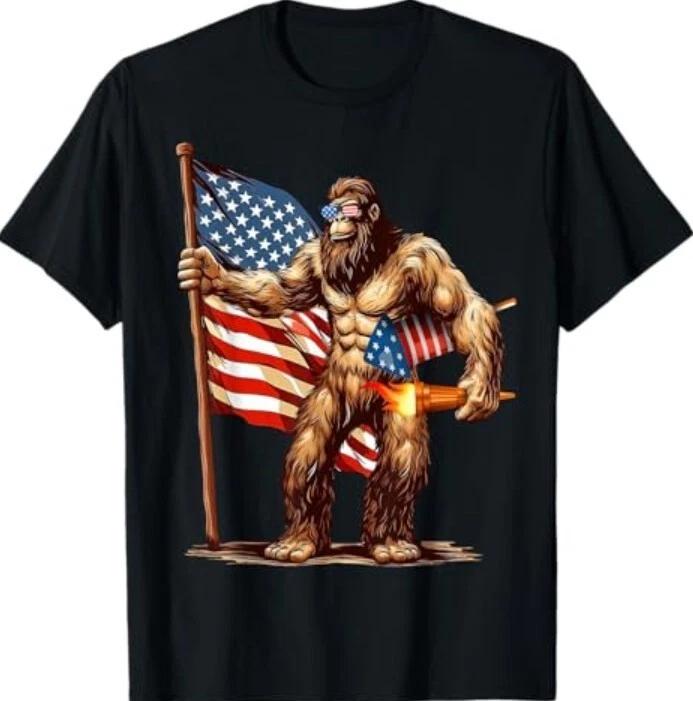 Bigfoot Fireworks 4th of July Men Sasquatch American US Flag T-Shirt M