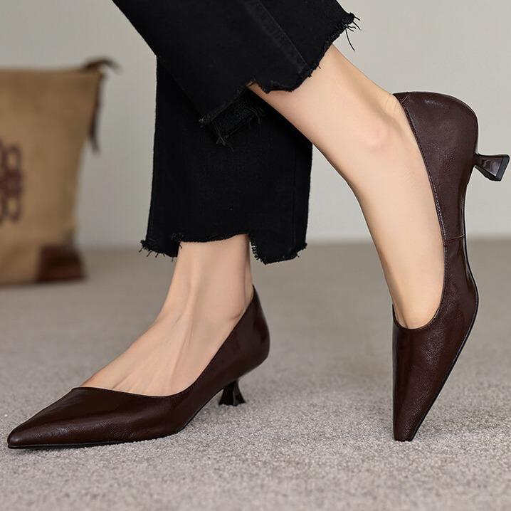 Four colors optional~ autumn sheepskin high heels women's pointed commuting OL work shoes light mouth wine glass and high heels