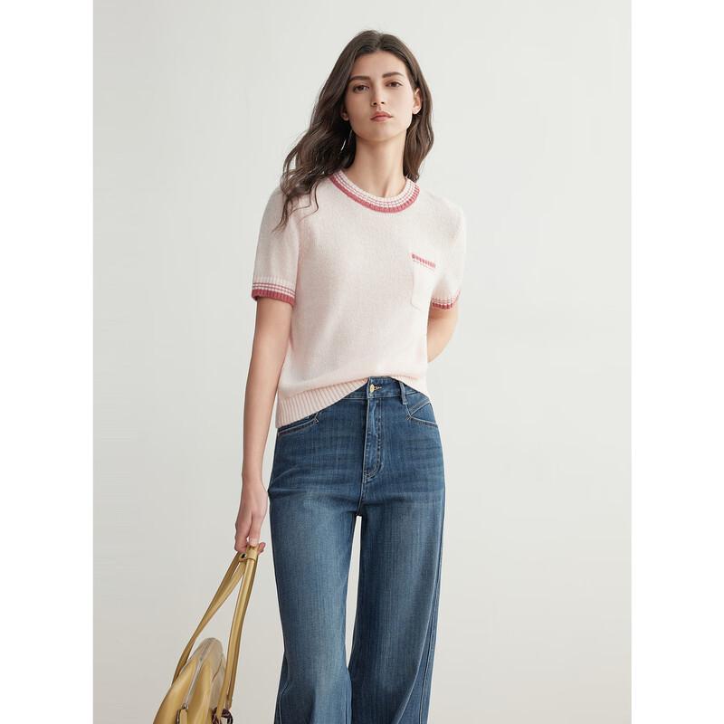 ELLE Women's Mohair Blend Color-Block Knitted Short Sleeve Sweater