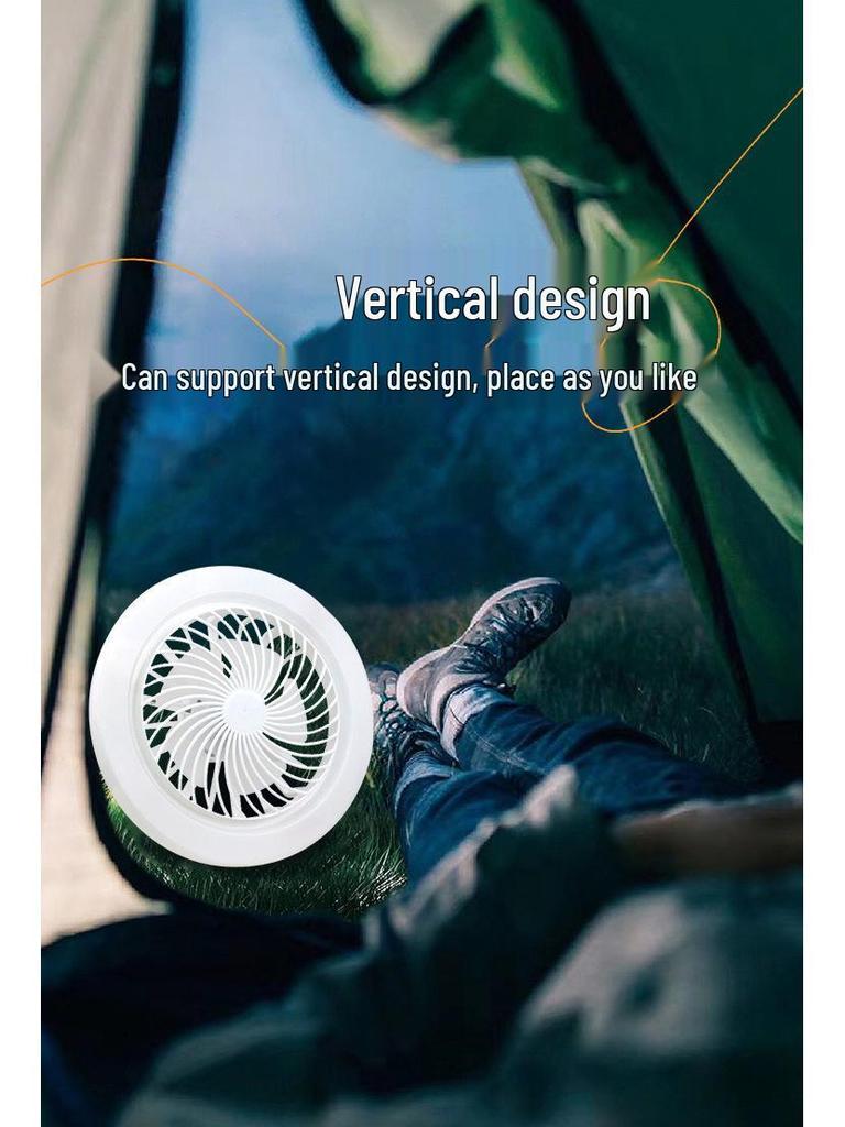 Portable Camping Ceiling Fan with Super Bright Light, USB Rechargeable, Three-Color Dimming, and Powerful Wind.