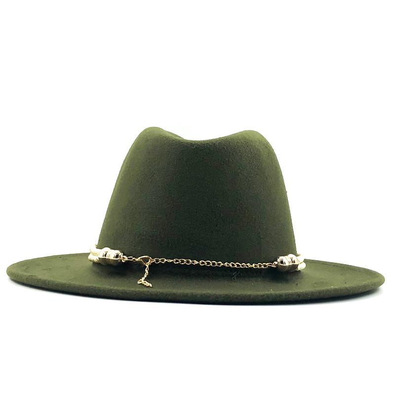 Black Wool Felt Jazz Fedora Hats Belt Buckle Decor Women Unisex Wide Brim Panama Trilby Cowboy Cap Sunhat