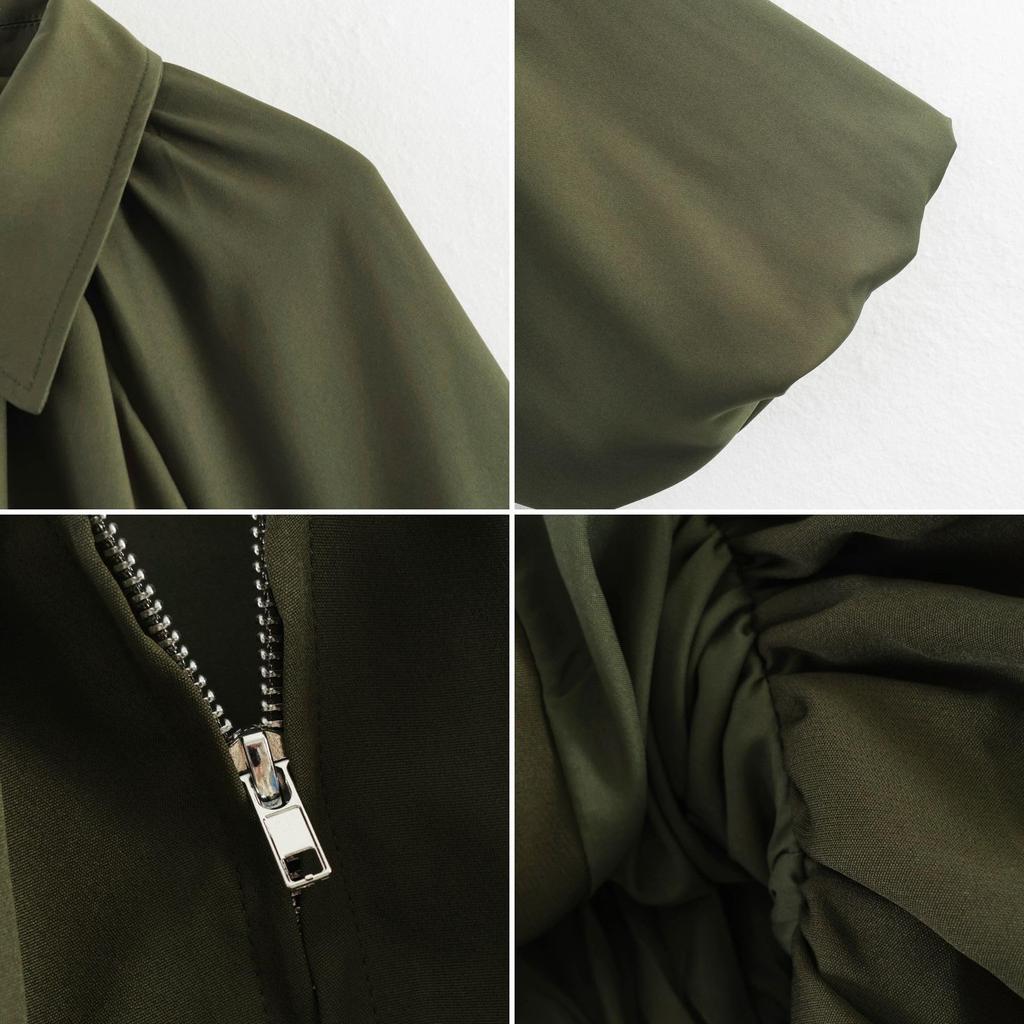Women's Balloon Sleeve Zip Front Cropped Bomber Jacket with Turn Down Collar and Pleated Hem for Casual and Streetwear