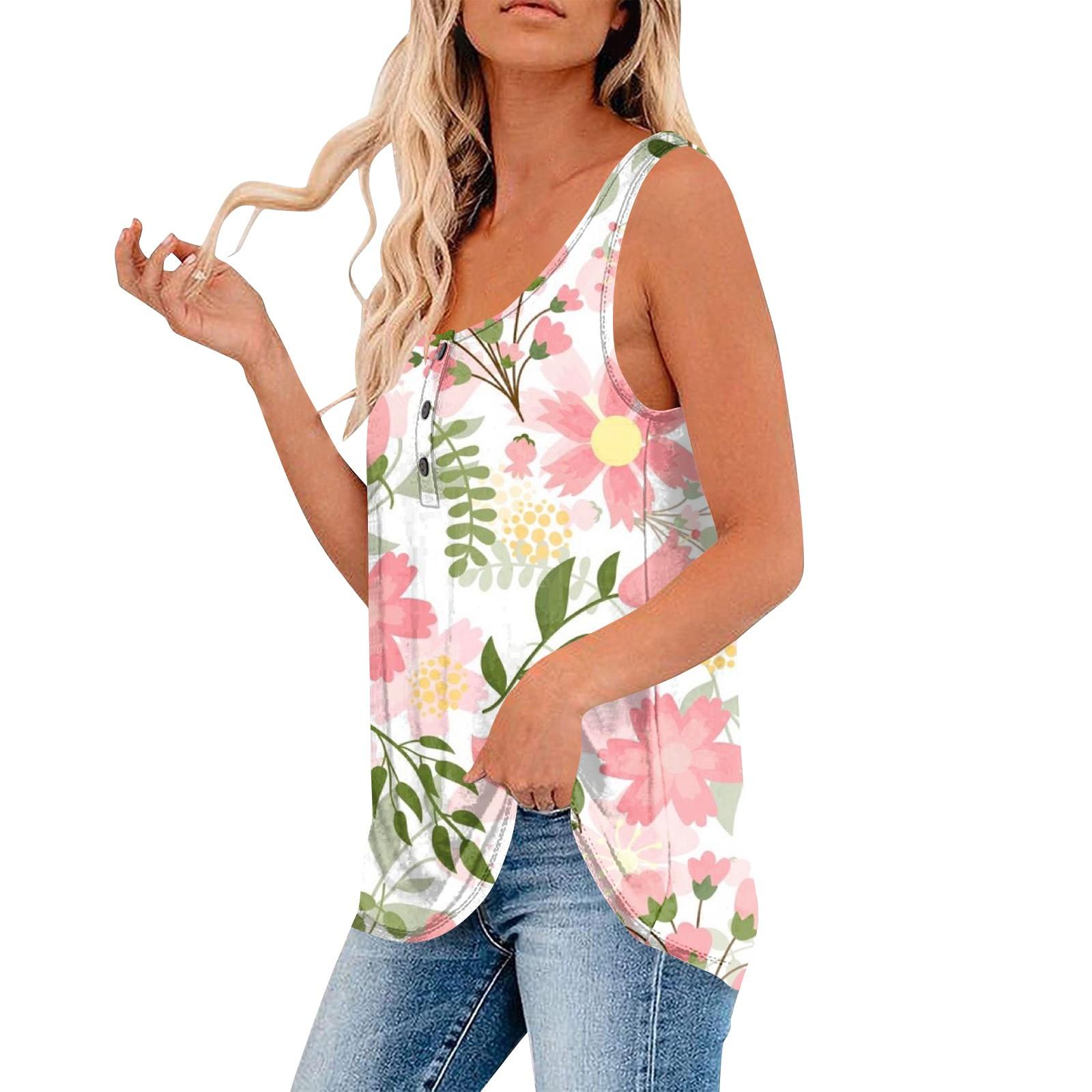 

Женская летняя повседневная футболка без рукавов с цветочным принтом и круглым вырезом, топы, блузка M розовый