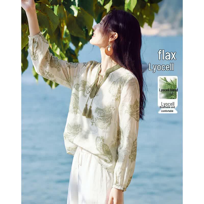 XWI Women s Tencel Linen V-Neck Floral Blouse M