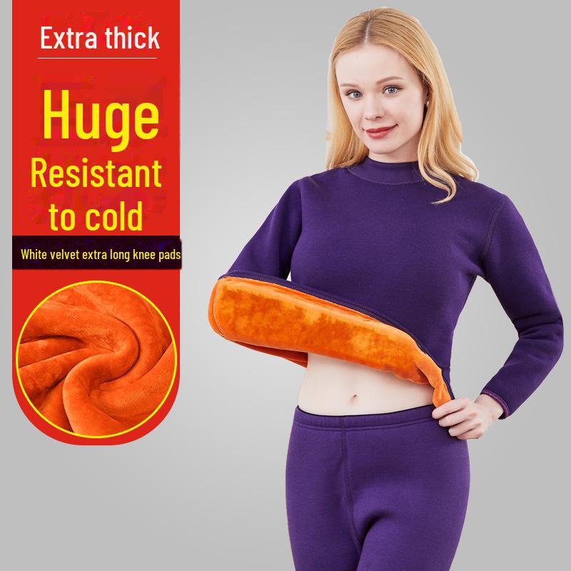 Men's and Women's Plus Velvet Thick Thermal Underwear Suit for Middle-aged and Elderly - Solid Color Winter Set
