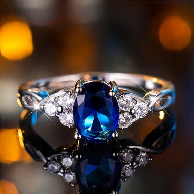 Luxury Female Blue Zircon Stone Oval Finger Ring Vintage Silver Color Wedding Band Bridal  For Women