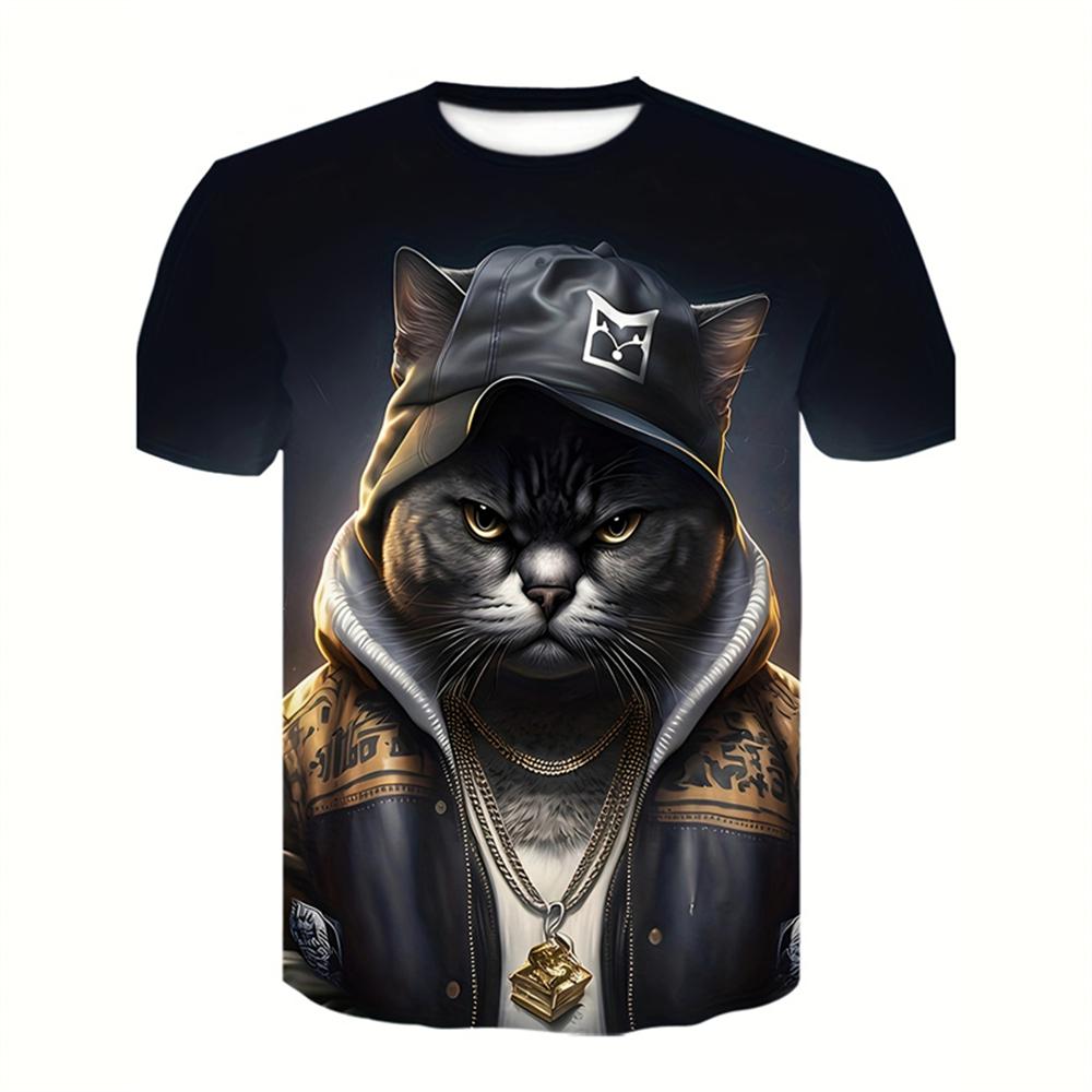 Summer Round Neck 3D Cute Cat Print Top Fashionable Casual Short Sleeved Men's T-shirts
