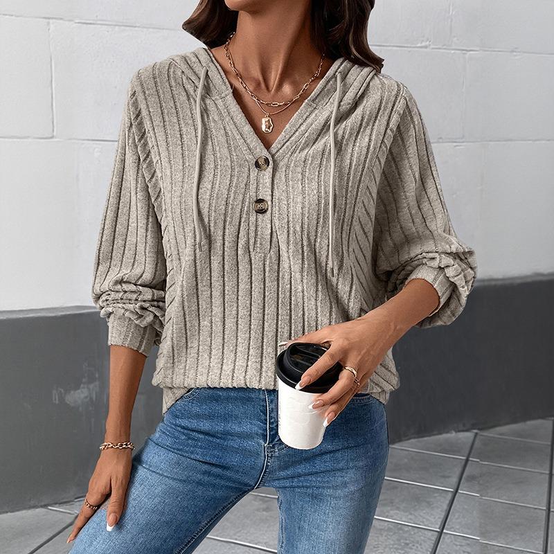Home-based Casual and Laid-back Style Hooded Plain-color Knitted Pullover Hoodie