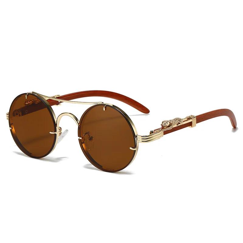 Vintage Metal Round Sunglasses Men Luxury Gold Leopard Wooden Frame Stylish Outdoor Women Trendy Oval Shades Oculos de sol