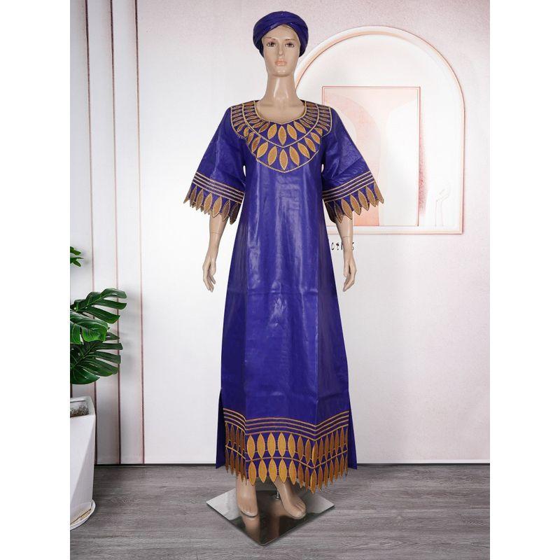 African Summer Women's Clothing Plus Size Full Craft Fragrant Figured Cloth Embroidered Robe Half Sleeve Ethnic Style Dress with Headscarf