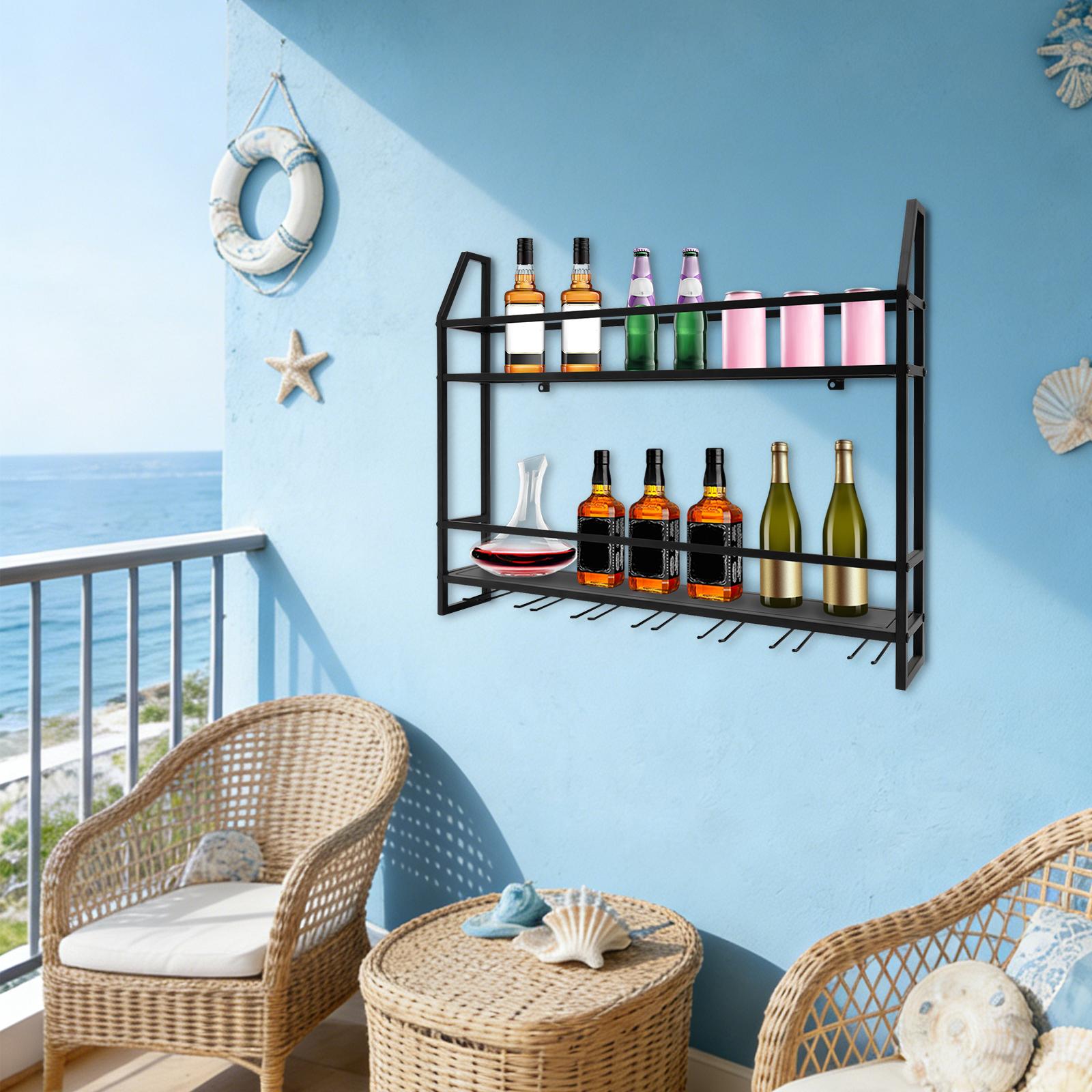 

Wall Mounted Wine Rack Holder, Black Steel Frame, Modern Bar Storage Shelf With 66 lbs Load Capacity For Kitchen, Dining Room 2-tier чёрный