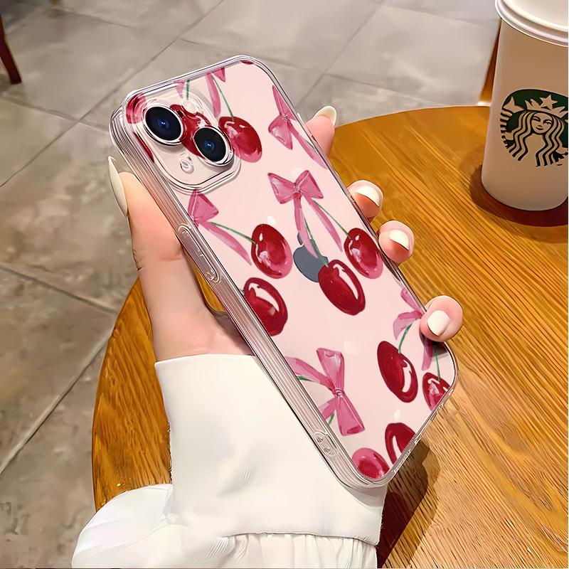 Simple cherry bow mobile phone case is suitable for iPhone16/15pro light and thin Apple 17 transparent soft case 14pm.