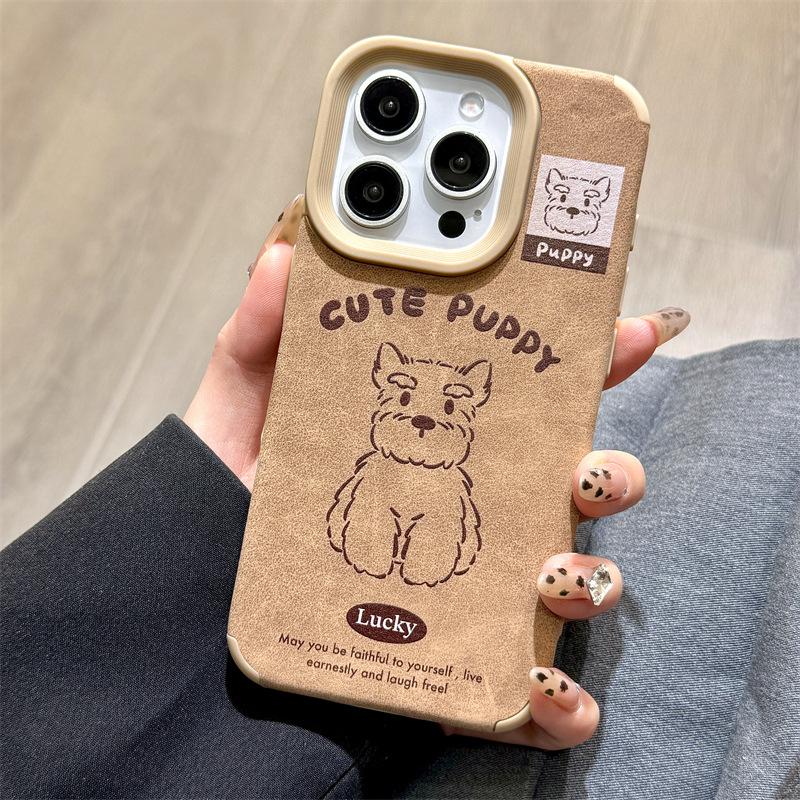 Autumn and Winter Brown Leather Cute Schnauzer Golden Retriever Dog for IPhone16promax for IPhone 14 Mobile Phone Case 15