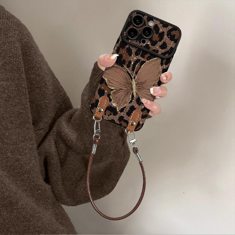 Vintage Leopard Butterfly Lanyard Phone Case for iPhone 11-17, Leather Texture Camera Protection Silicone Cover