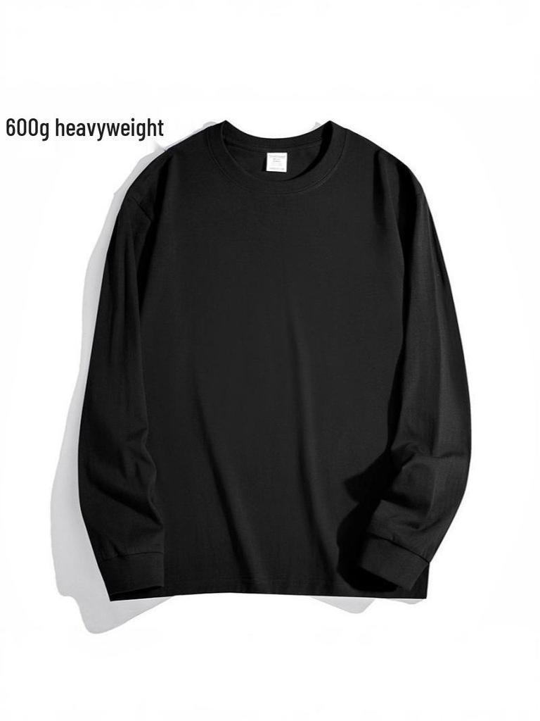 600G Heavyweight Men's Loose Fit Pure Cotton Long Sleeve T-Shirt - Small Neckline, High Gram Weight, Autumn/Winter.