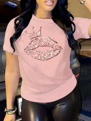 Crown Sexy Lips Graphic T-shirt Women Casual Loose Basic Tops Summer Short Sleeve Round Neck Classic Fashion Tee