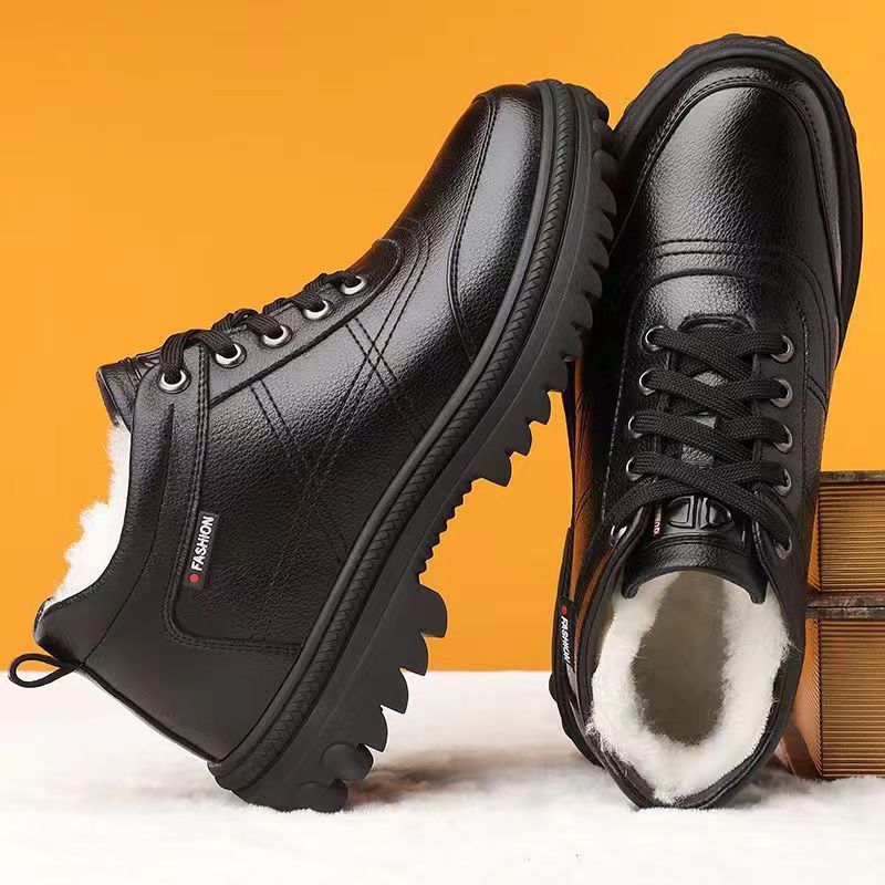 Fashion New Men's Winter Leather Shoes Fashion Plush Warm Comfortable Anti Slip Business Cotton Shoes Outdoor Black Casual Snow Boots