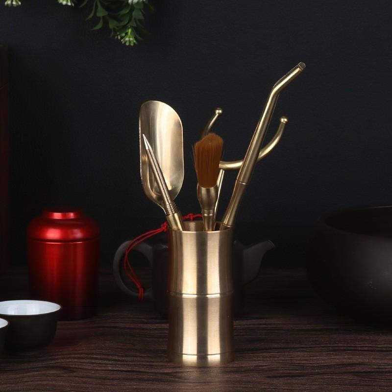 Brass Tea Ceremony Set With Tongs Pick Scoop Brush Holder - 6-Piece Gourmet Tools In Gift Box