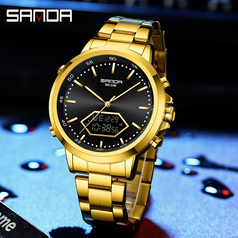 Sanda Men's Multifunction Luminous Waterproof Chronograph Steel Band Dual Display Watch