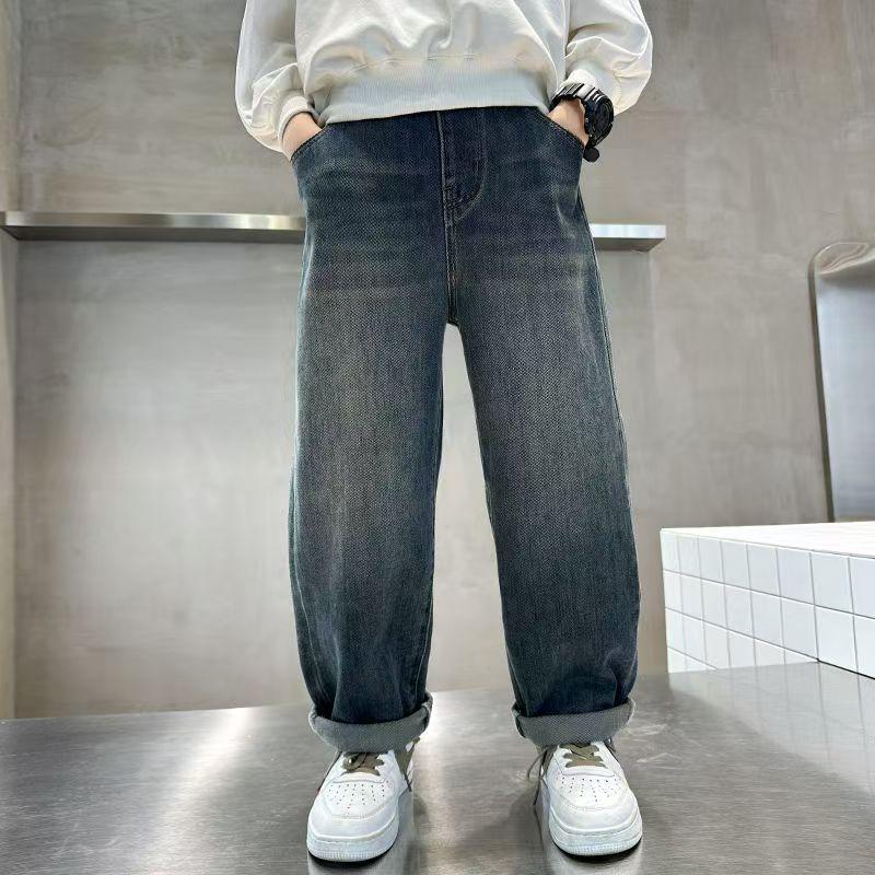 Spring/Autumn Loose-Fit Jeans for Boys, Ages 7-14, Children's Casual Long Pants.