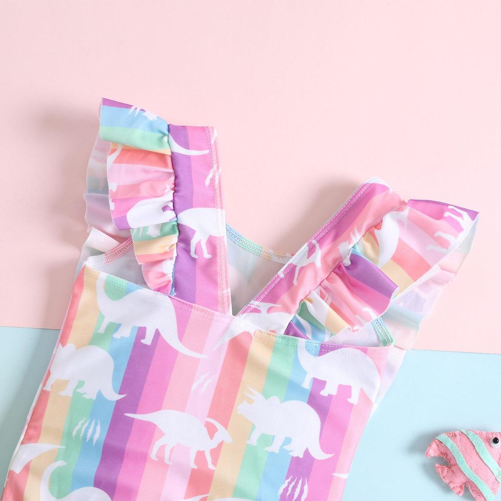 Girls' Rainbow Dinosaur Ruffled One-Piece Swimsuit