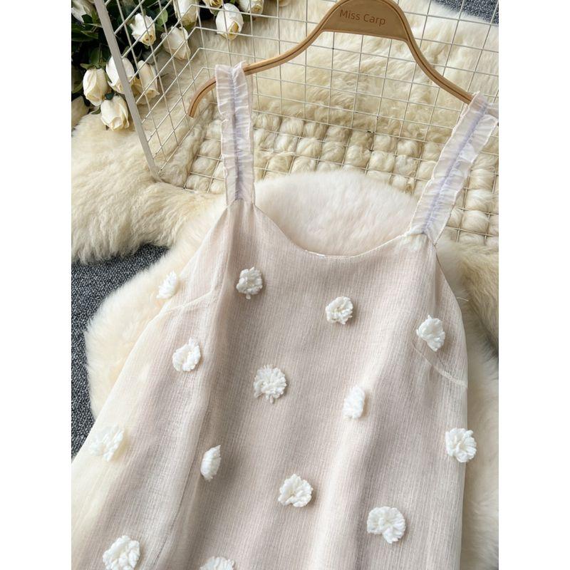 Sweet Vacation Style Sling Dress Female French Elegance Three-Dimensional Flower Loose Slimming Flounce Fairy Dress