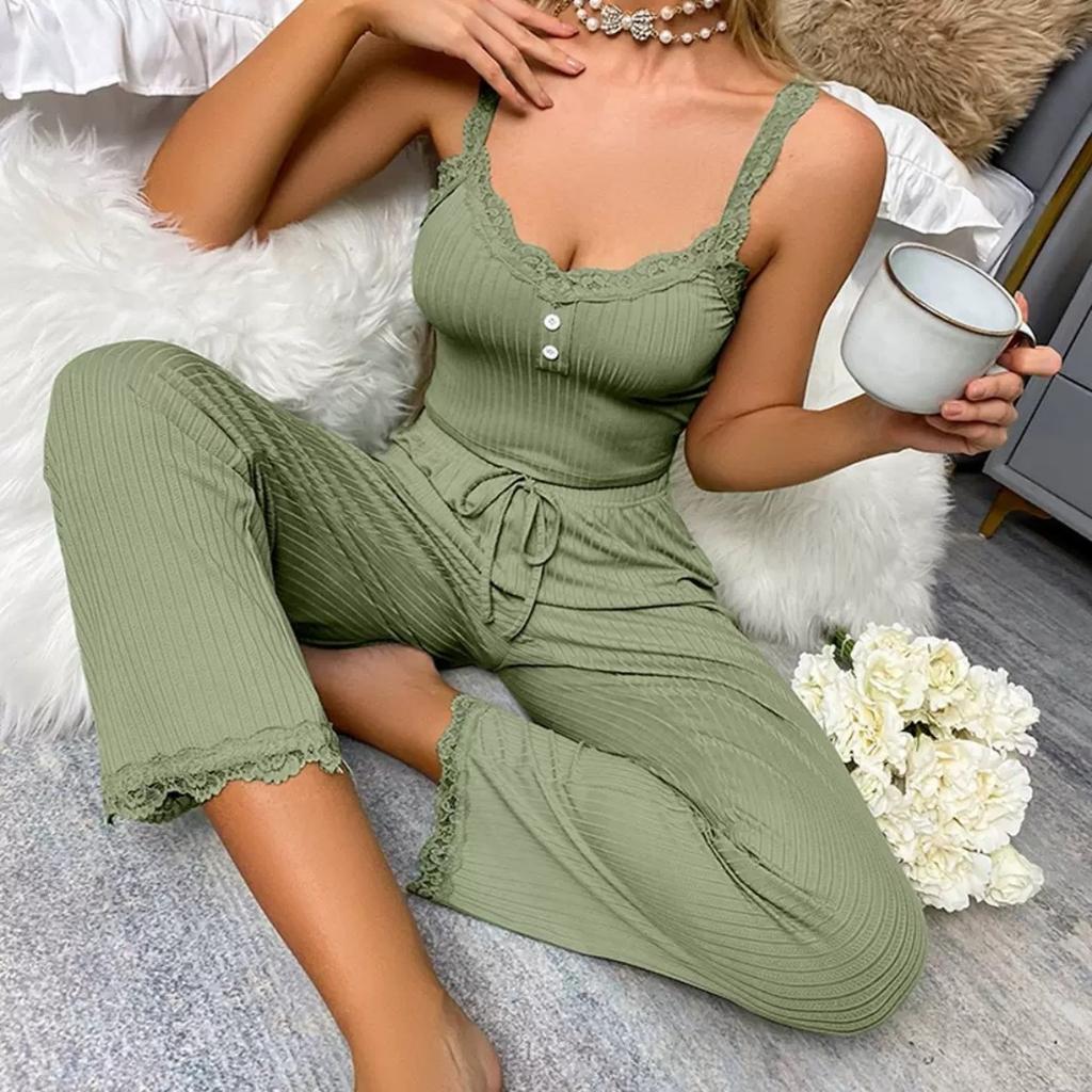 Threaded Fabric, Comfortable Women's Sleepwear, Multi-color Options, Lace Sexy Camisole Top&pants, Home Sleepwear Set