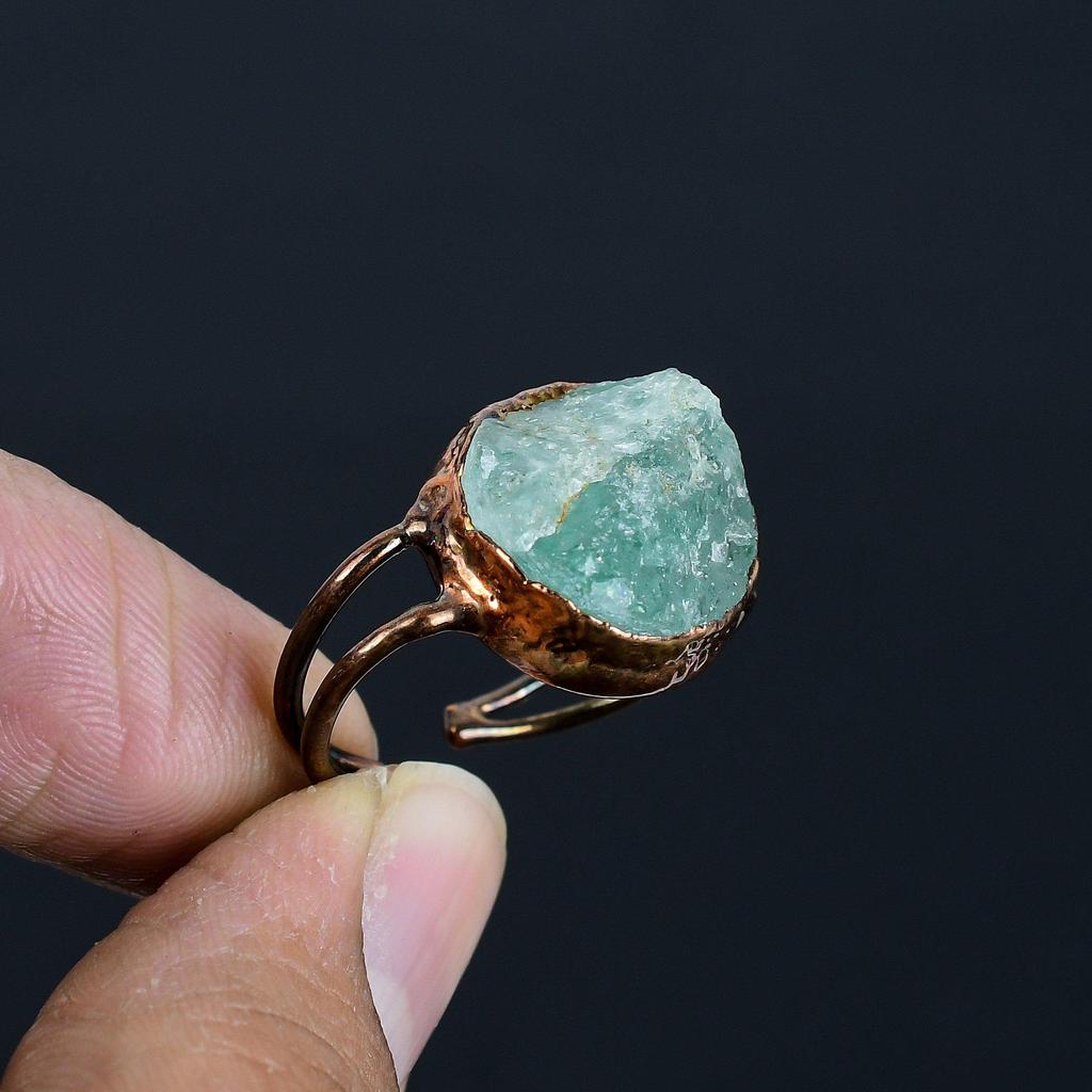 Aquamrine Handmade Gemstone Ring, Copper Electroformed Ring Antique Jewelry, Adjustable Ring Engagement Gift