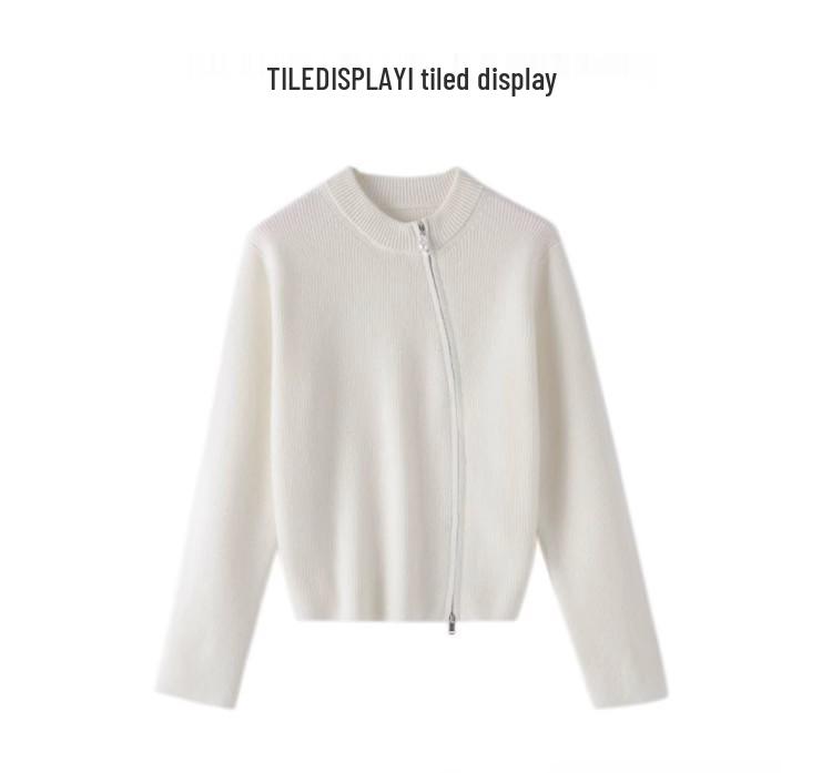 Women's Grey 100% Pure Wool Round Neck Cardigan with Pearl Zipper