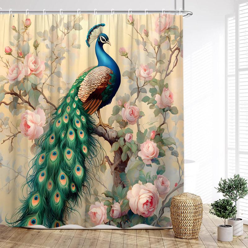 Floral Peacocks Shower Curtain Tree Cave Jungle Flowers Green Plants Birds Modern Home Bathroom Decor Bath Curtains With Hooks