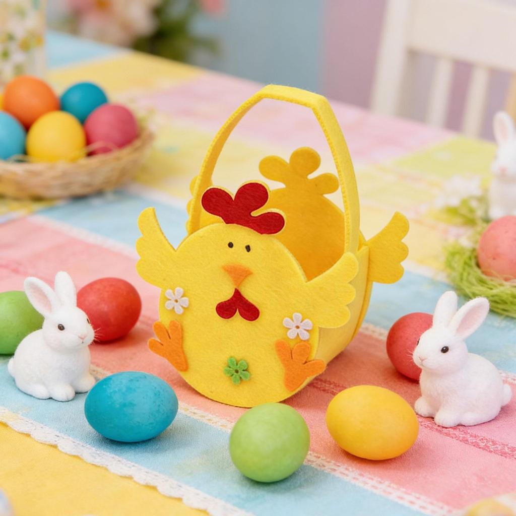 Felt Chicken Easter Basket Empty Organizer Candy Egg Bucket with Handle for Children Holiday Festival Toy Storage