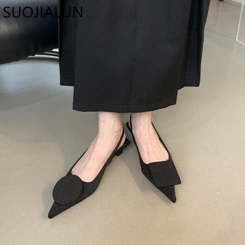 Fashion SUOJIALUN Women Sandal Shoes Fashion Pointed Toe Shallow Slip On Ladies Elegant Dress Slingback Shoes Thin Med Heel Dress Pumps