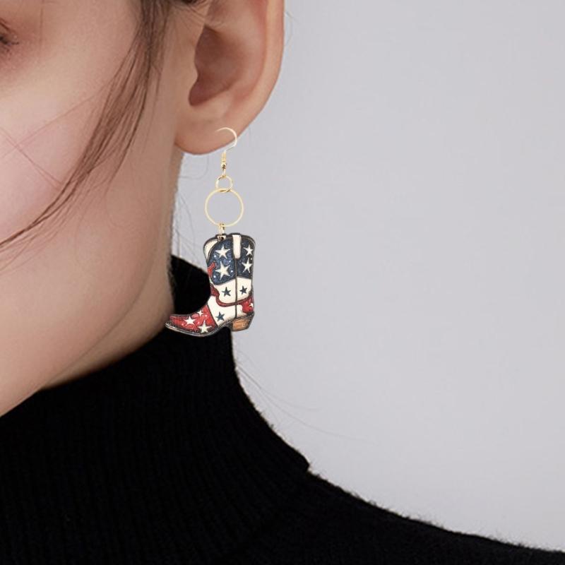 Vintage Inspired Star Print Wood Earrings Portable Accessory for Independence Day and Festive Occasions Casual Wear