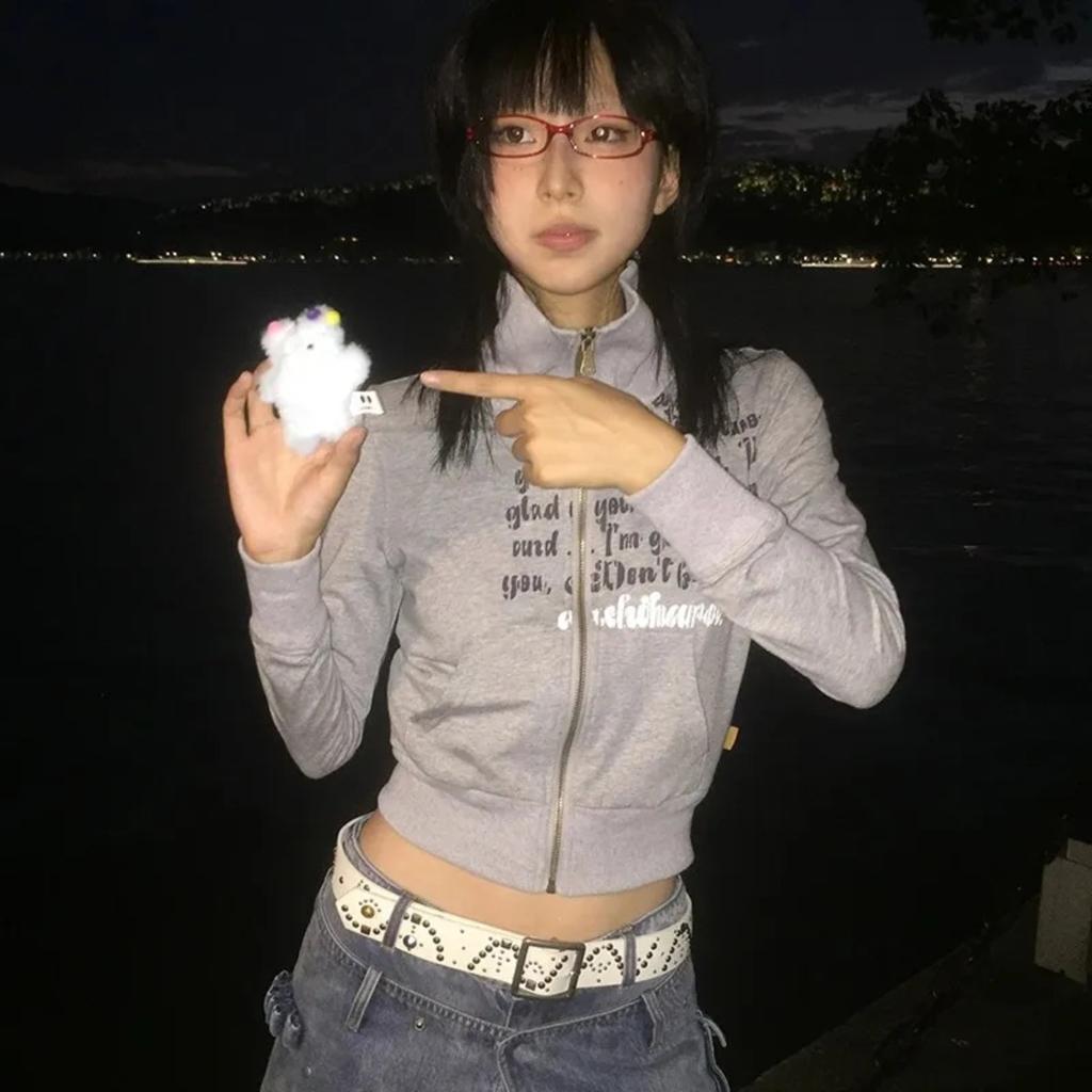 2KWEIRD Japanese Y2k Cropped Jacket Vintage Harajuku Short Coat American Retro Letter Print Zipper Sweatshirt Grunge Outerwear