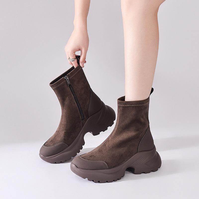 Yang Mi same 2025 new velvet cocoa dolphin boots free velvet sound retro elastic boots thick-soled thin boots women