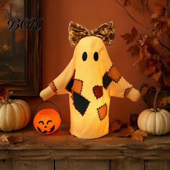 Light Up Ghost Lighted Vintage Patchwork Ghost, LED with Pumpkin Lantern Halloween Decor, Ghosts Lamp Lamp, Rustic Fall Figurine Decoration for Mantel