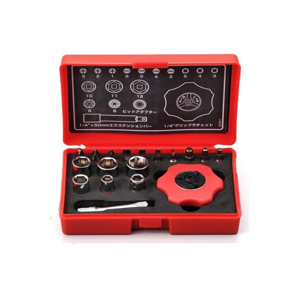 PLOT Motorcycle Grip Ratchet 18pcs Driver inch Feed 72 Gear PGR0098 Set, Set, 1/4 Socket/Bit, 5° Angle, Teeth,