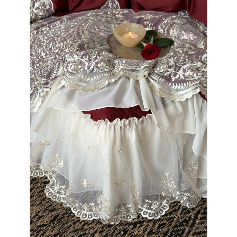 Luxuriöses Prinzessinnen-Bettbezug-Set mit Spitzenrüschen, 4-teilig - Weiche, lange Baumwollbettwäsche, komplett aus Baumwolle