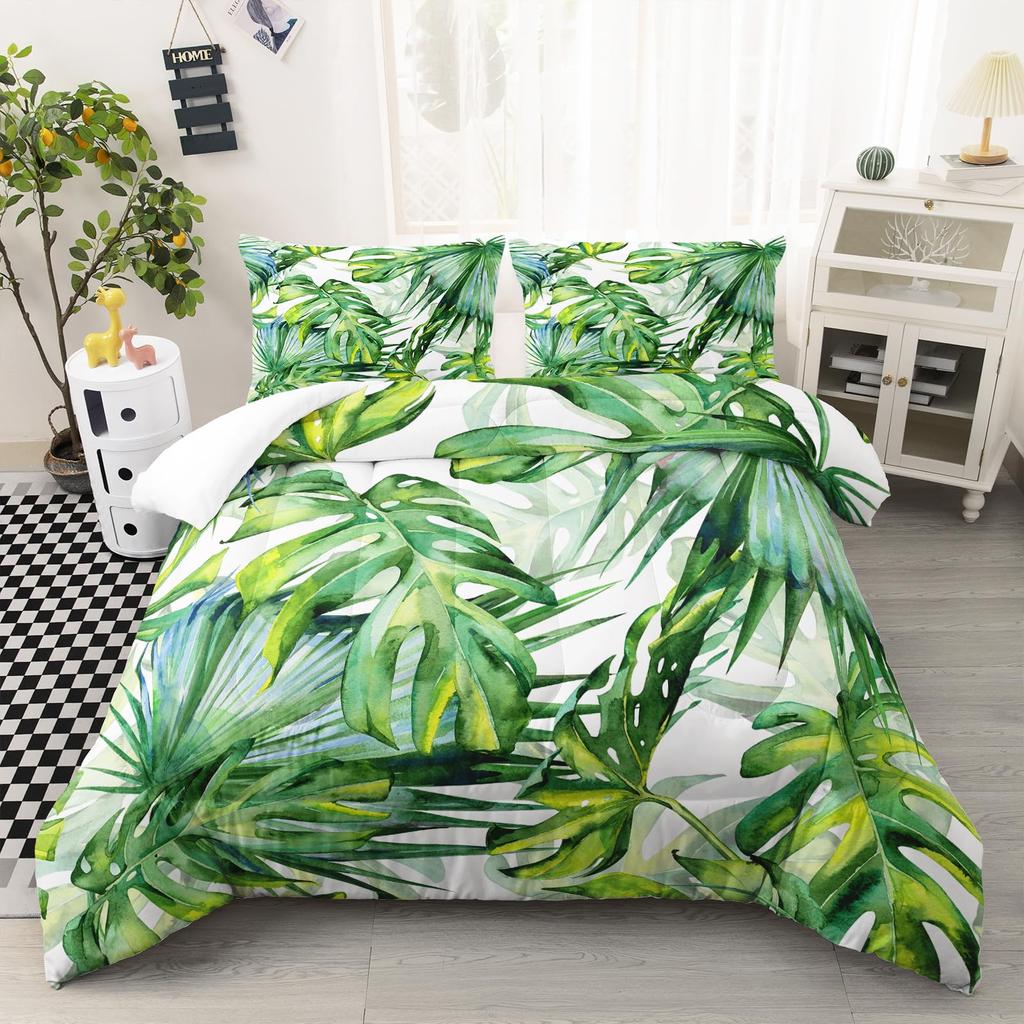 Palm Leaves Comforter Cover Duvet Cover Tropical Leaves Bedding Set Quilt Cover for Men Women, White 3 Pcs Queen King Size