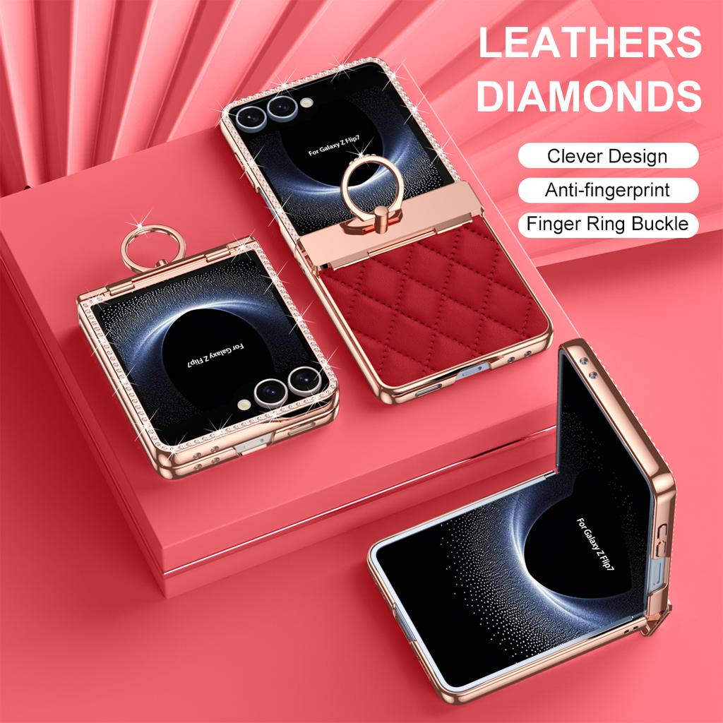 For Samsung Galaxy Z Flip7 5G Case Rhinestone Decoration Ring Holder Rhombus Leather + PC Phone Cover