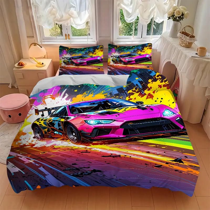 3pcs Racing Car Cover Set, 1 Cover + 2 Pillowcases (No Insert), Bedding for All Seasons, Bedding,Bedroom Decor Yy250922024