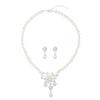 Women Beaded Glossy Faux Pearls Rhinestone Embedded Flower Bride Necklace Stud Earrings